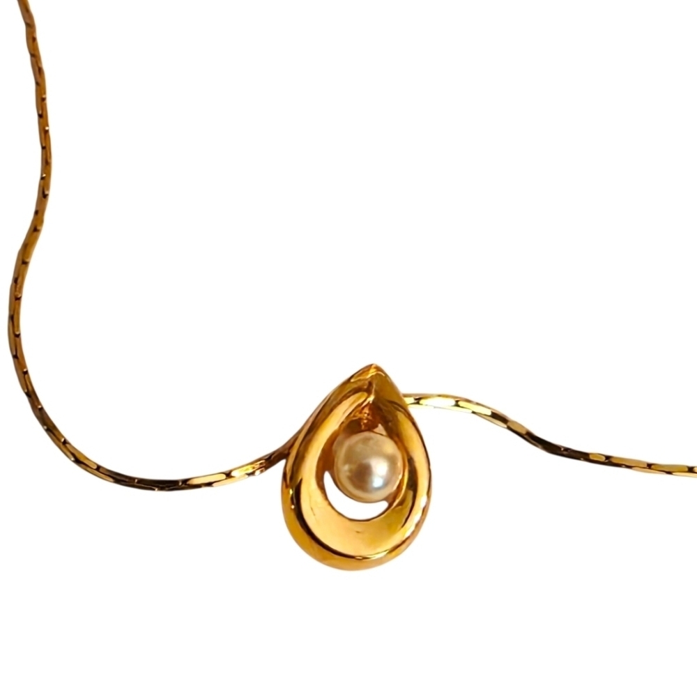 Napier Stamped Gold Necklace with Teardrop Pearl Pendant - Picture 7 of 8